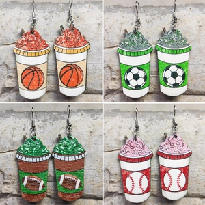Creative Wood Milkshake Cup Dangle Earrings Sports Ball Pattern Soccer Basketball Football Jewelry For Women Girls