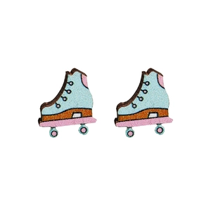 Glittery wooden roller skate earrings with blue, orange and pink sparkling finish