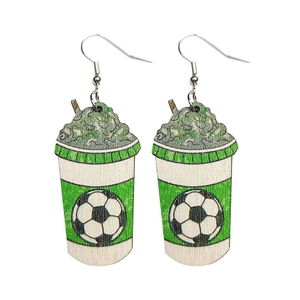 Handmade wooden green cup earrings with soccer ball print and silver hooks for sports fans