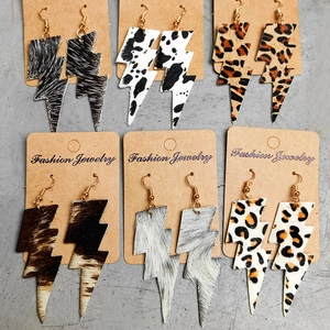Pendientes de Gota de Rayo Vintage Western Cowboy Cuero Auténtico Estampado Animal Leopardo Vaca Gancho de Cobre Joyería