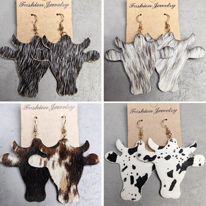 Orecchini Vintage in Vera Pelle di Vacchetta a Testa di Toro Western Cowboy Animale Mucca Leopardo Stampa Orecchini a Gancio in Rame