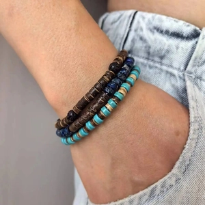 Bohemian multi-layer wooden bead bracelet set in dark brown, blue, and turquoise tones