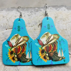 Orecchini pendenti stile western in ecopelle con stampe di stivali da cowboy e girasoli