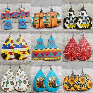 Orecchini Pendenti a Goccia in Ecopelle Western Cowboy Boho Girasole Stampa Mucca Bandiera USA Zucca Etnica per Donna