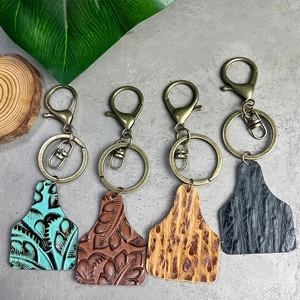 Vintage Cowhide Leather Keychain For Men Women Embossed Floral Leopard Ostrich Pattern Alloy Lobster Clasp Key Ring Pendant