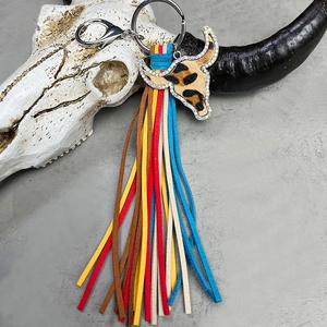 Western boho longhorn keychain with leopard print rhinestones and multi-color tassels