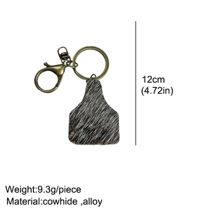 Detail view of 12cm cowhide leather keychain with dimensions and weight info