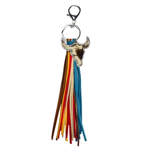 Western style cow head keychain with colorful long tassels and sparkling rhinestones