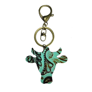 Western vintage leather bull head keychain with embossed patterns and bronze hardware