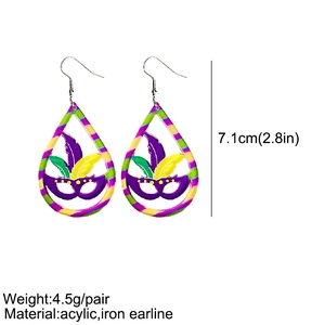 Detail view of colorful Mardi Gras mask teardrop earrings with size and weight specs