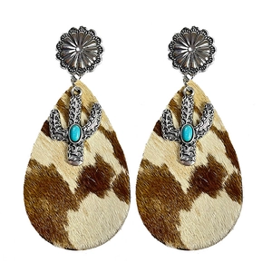 Western-Stil Ohrringe mit Kuhfell und Türkis-Kaktus im Vintage-Design mit Metall-Blumensteckern