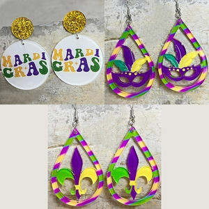 Mardi Gras Carnival Acrylic Drop Earrings Purple Green Yellow Mask Fleur-De-Lis Hollow Striped Teardrop Earrings Party Jewelry