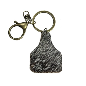 Western style cowhide keychain with mixed faux fur animal print and bronze lobster clasp