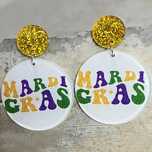 Sparkling Mardi Gras festival drop earrings with colorful glitter and acrylic lettering