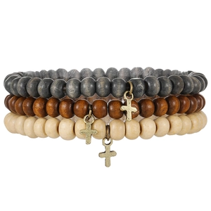 Vintage men's wooden beaded bracelet set with bronze cross pendants in three colors