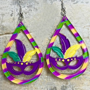 Colorful carnival drop earrings with mask and feather patterns on teardrop acrylic
