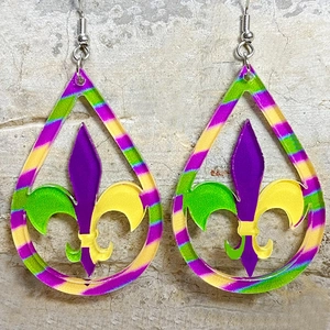 Colorful teardrop earrings with Fleur-de-lis pattern for festival and carnival style