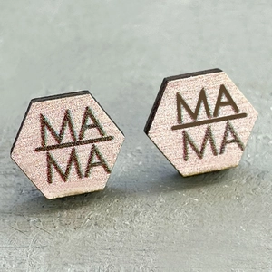 Minimalist hexagonal wooden mama studs with pink pearlescent finish and engraving