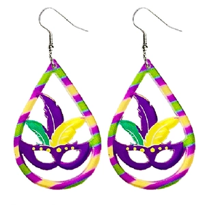 Colorful Mardi Gras teardrop earrings with purple mask and feather cutout design