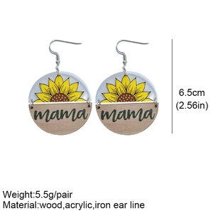 Detail of sunflower acrylic and wood earrings featuring mama lettering and size dimensions