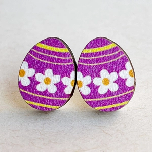 Easter egg stud earrings with purple base, yellow stripes and white floral patterns