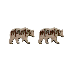 Minimalist wooden bear earrings featuring red and green mama engraving for Mother's Day