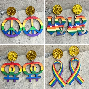 Rainbow Wooden Acrylic Drop Earrings Pride Peace Sign LOVE Snake Ribbon Pattern Fashion Dangle Earrings For Women Jewelry