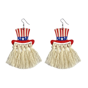 Böhmische USA-Unabhängigkeitstag Ohrringe mit Flaggenhüten aus Holz und Quasten-Bart-Details