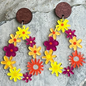 Bohemian large acrylic floral teardrop earrings with vintage round dark wood studs