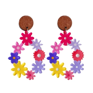 Bohemian floral hoop earrings with colorful matte petals and wood studs for summer beach wear