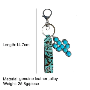 Detail view of leather wristlet strap and alloy cactus charm with turquoise stones