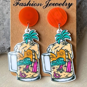 Boucles d'oreilles chope de bière en acrylique avec décor de plage et coucher de soleil