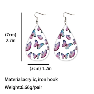 Waterdrop acrylic earrings with colorful butterfly print and clear texture hooks