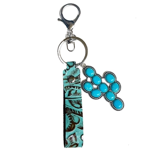 Western style leather cactus keychain with turquoise stones and vintage boho lanyard