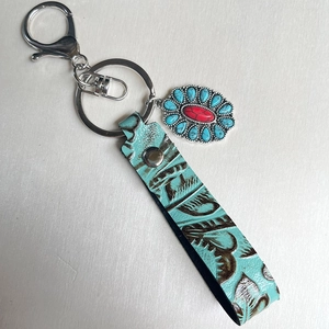 Western vintage leather keychain with turquoise pendant and silver-tone cactus style charm