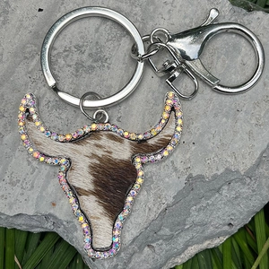 Western style cow head leather keychain with sparkling rhinestones and lobster clasp