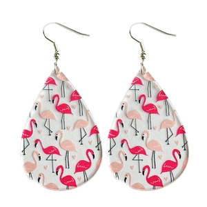 Summer beach flamingo and heart print teardrop earrings with silver hooks for women