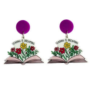 Orecchini a pendente in acrilico a forma di libro con fiori e testo motivazionale