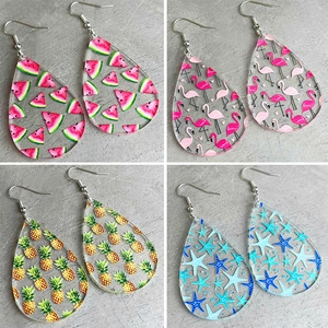Summer Tropical Acrylic Teardrop Earrings For Women Beach Vacation Flamingo Pineapple Starfish Pattern Dangle Earrings Jewelry