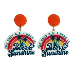 Boucles d'oreilles acryliques avec arc-en-ciel, palmiers et texte Beer & Sunshine
