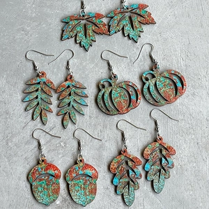 Retro vintage autumn leaf and pumpkin drop earrings set with antique copper finish