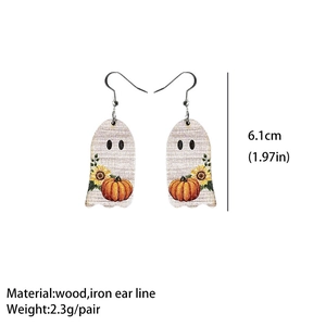 Orecchini fantasma con motivi di zucca e girasole in legno, dettaglio di 6,1 cm di lungo
