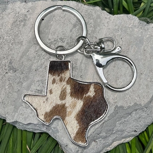 Texas state map keychain in leopard cowhide leather with silver metal lobster clasp