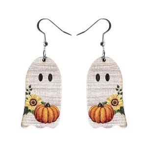 Orecchini pendenti in legno con fantasma e zucca per il Ringraziamento e Halloween