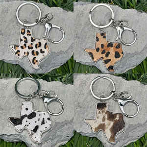 Texas Map Genuine Leather Keychain Western Style Alloy Animal Leopard Cow Print Bag Charm Pendant For Women Men Jewelry