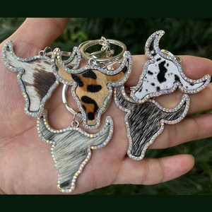 Western Genuine Leather Ox Head Keychain Fashion Rhinestone Leopard Cow Pattern Bag Pendant For Women Men Travel Daily Gift