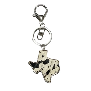 Texas state map keychain featuring black and brown cowhide texture and silver alloy clasp