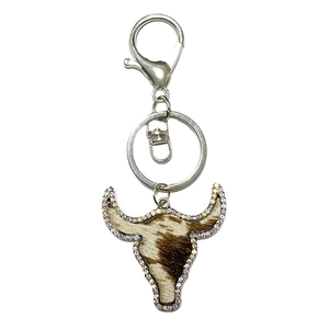 Western style bull head leather keychain with cow print patterns and colorful rhinestones