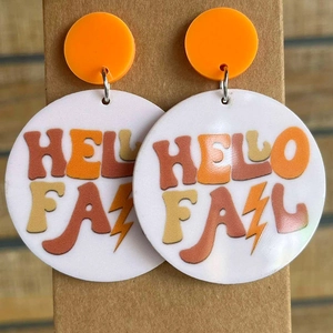 Acrylic round drop earrings with Hello Fall print and orange stud for autumn