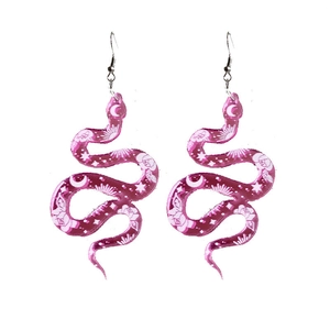 Pink and purple gradient snake earrings with celestial floral patterns in acrylic material